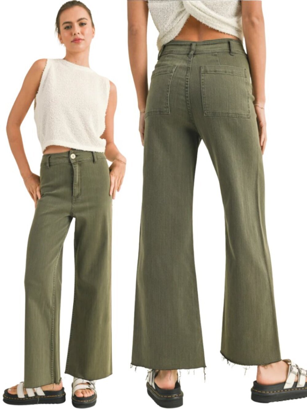 Miou Muse Wide Leg Denim Jeans Women's Small Faded Olive Raw Hem Festival NWOT